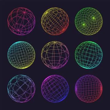 Neon wireframe shapes, lined sphere. Perspective mesh, 3d grid. Low poly Stock Illustration