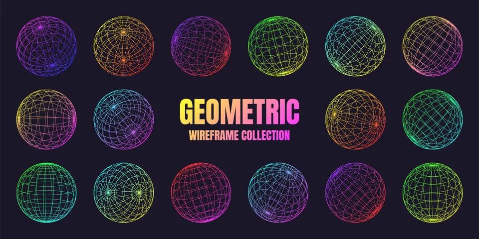 Neon wireframe shapes, lined sphere. Perspective mesh, 3d grid. Low poly 스톡 일러스트