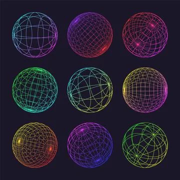 Neon wireframe shapes, lined sphere. Perspective mesh, 3d grid. Low poly Stock Illustration