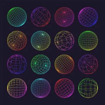 Neon wireframe shapes, lined sphere. Perspective mesh, 3d grid. Low poly Illustrazione stock
