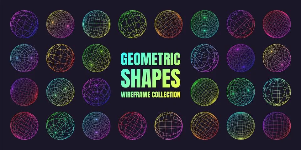 Neon wireframe shapes, lined sphere. Perspective mesh, 3d grid. Low poly Stock Illustration