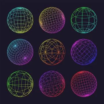 Neon wireframe shapes, lined sphere. Perspective mesh, 3d grid. Low poly Stock Illustration