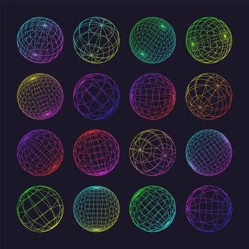 Neon wireframe shapes, lined sphere. Perspective mesh, 3d grid. Low poly Illustrazione stock