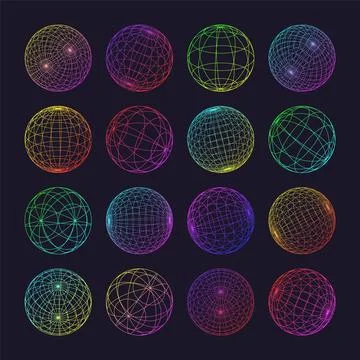 Neon wireframe shapes, lined sphere. Perspective mesh, 3d grid. Low poly Illustrazione stock