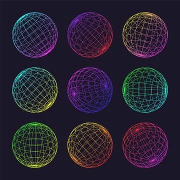 Neon wireframe shapes, lined sphere. Perspective mesh, 3d grid. Low poly Illustrazione stock