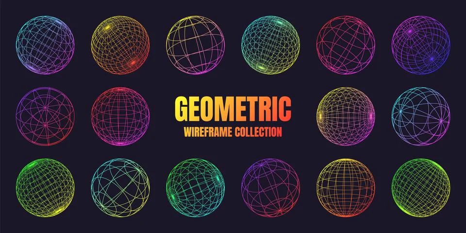 Neon wireframe shapes, lined sphere. Perspective mesh, 3d grid. Low poly 스톡 일러스트