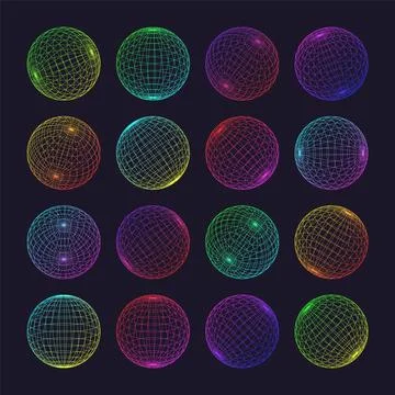 Neon wireframe shapes, lined sphere. Perspective mesh, 3d grid. Low poly Stock Illustration