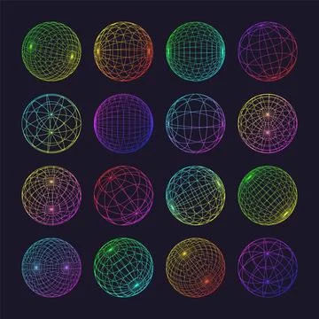 Neon wireframe shapes, lined sphere. Perspective mesh, 3d grid. Low poly Stockillustratie