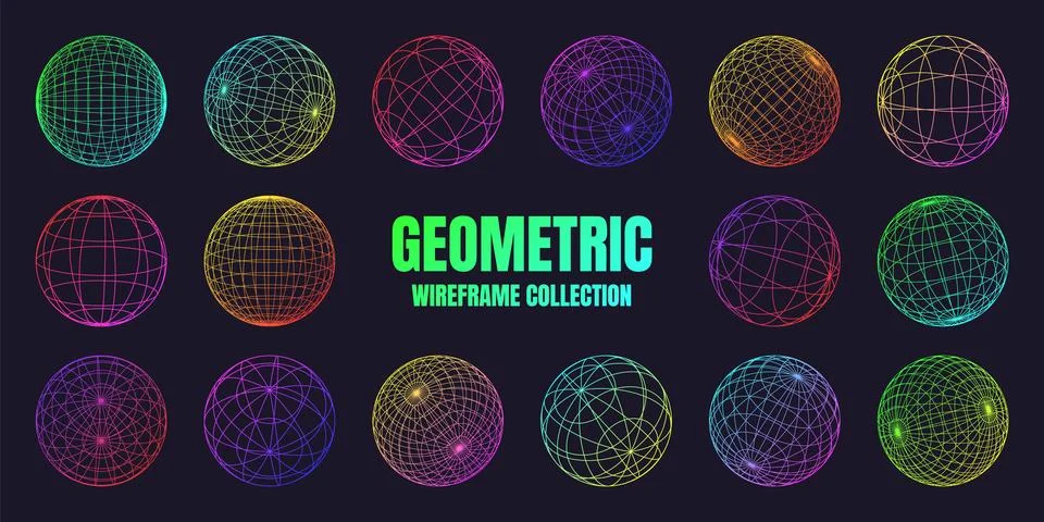 Neon wireframe shapes, lined sphere. Perspective mesh, 3d grid. Low poly Stock Illustration