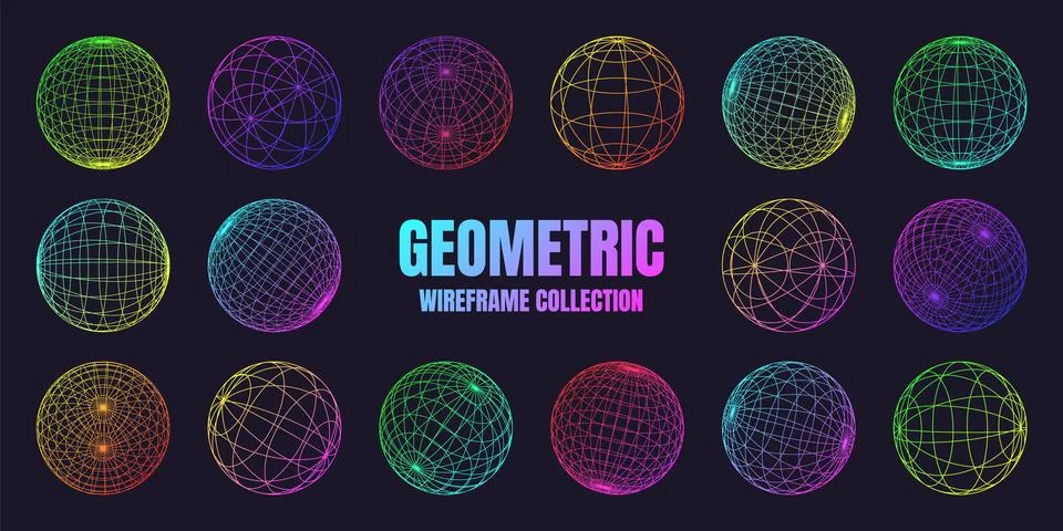 Neon wireframe shapes, lined sphere. Perspective mesh, 3d grid. Low poly Stock Illustration