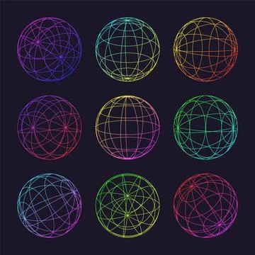 Neon wireframe shapes, lined sphere. Perspective mesh, 3d grid. Low poly Illustrazione stock