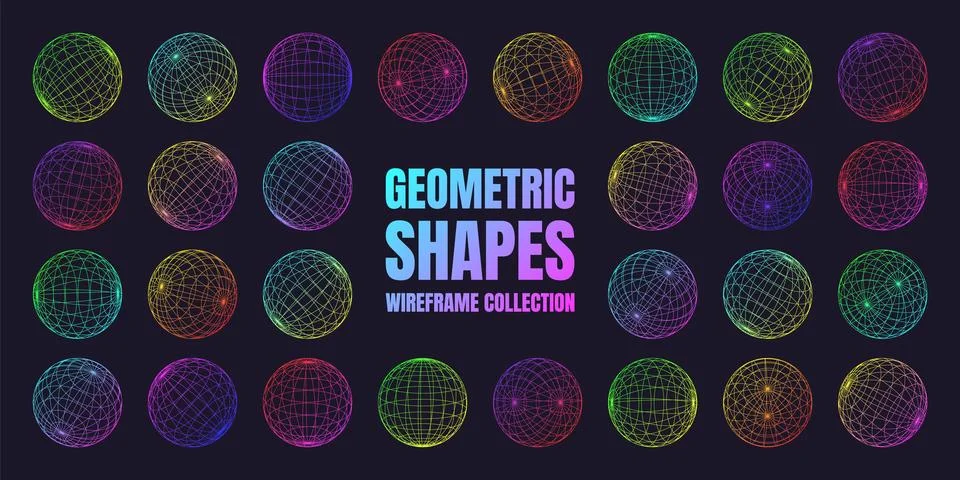 Neon wireframe shapes, lined sphere. Perspective mesh, 3d grid. Low poly Stockillustratie