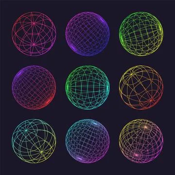 Neon wireframe shapes, lined sphere. Perspective mesh, 3d grid. Low poly Stock Illustration