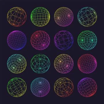Neon wireframe shapes, lined sphere. Perspective mesh, 3d grid. Low poly Stock-Illustration