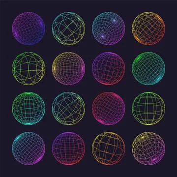 Neon wireframe shapes, lined sphere. Perspective mesh, 3d grid. Low poly Stockillustratie