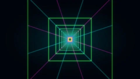 Neon wireframe square tunnel with glowing retro synthwave lines Stock Footage 335941002