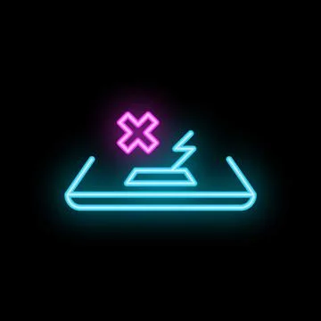 Neon wireless charging not working sign with cross on black background Stock Illustration