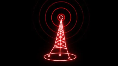 Neon wireless tower on a black background. A neon-glow symbol of a broadcas.. Stock Illustration