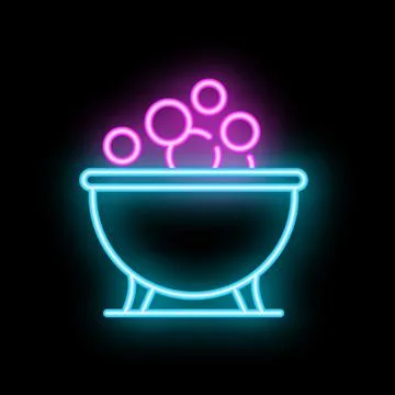 Neon witch cauldron bubbling with magic potion on black background Illustrazione stock