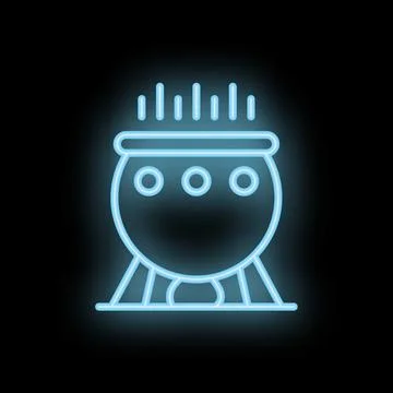 Neon witch's cauldron brewing magic potion icon on black background Stock Illustration