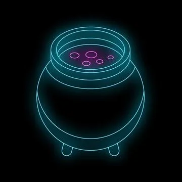 Neon witch's cauldron bubbling with a magic potion on black background Illustrazione stock