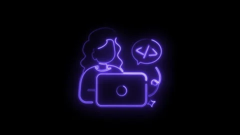 Neon woman programmer working at laptop with code syntax speech bubble glow.. Stock-Footage 330780231