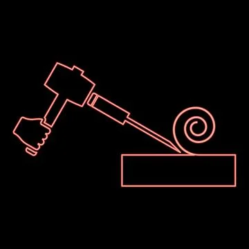 Neon wood hammer with chisel using treatment surface shavings use arm Woodw.. Stock Illustration