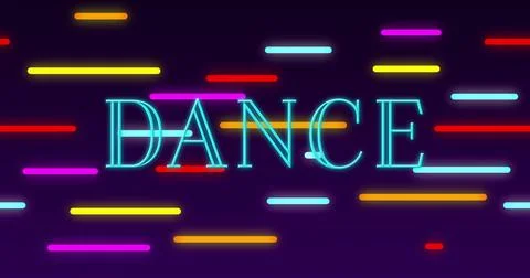 Neon word DANCE pulsing while glowing bars reacting to rhythmic beat for Stock Photos