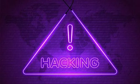 Neon word Hacking. Symbol on Map Dark Purple Background. Security protectio.. Illustrazione stock