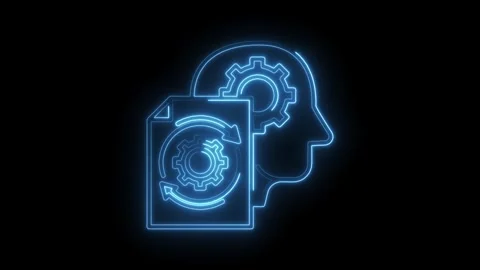 Neon workflow automation blueprint with brain icon and circular process outli Stock Footage 312320506