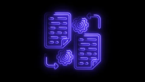 Neon workflow automation process with documents and gears on a black backgr.. 库存影片 308998066