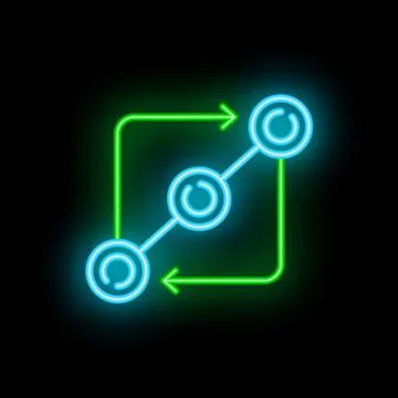 Neon workflow process chart with arrows and circles on black background Stock Illustration