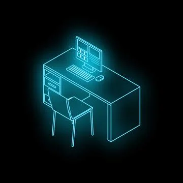 Neon workplace setup with desk, computer, and chair Stock Illustration