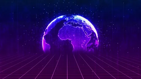 Neon world grid technology visual blue Earth, glowing floor lines, digital parti Stock Footage 340568688