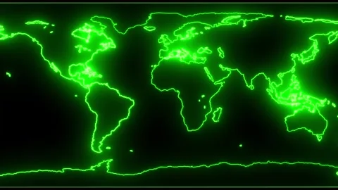 Neon world map glowing on black background motion. Video stock 332090160