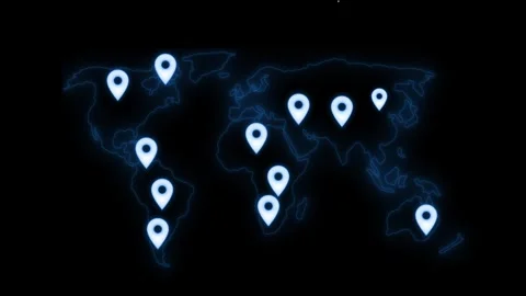 Neon world map with glowing location pins animation on black background Stock Footage 329117239