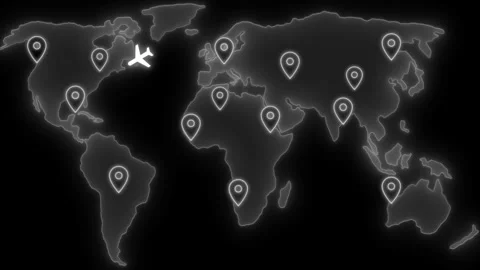 Neon world map with location pins and airplane animation Stock Footage 334764632