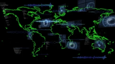 Neon world map outline emerging on black, adding holo panes sliding, linking Stock Footage 328446629