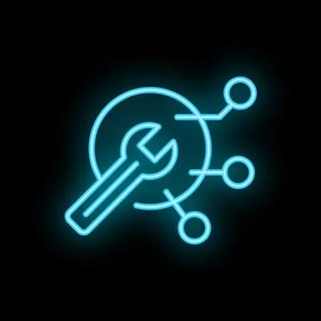 Neon wrench connecting to network representing technical support Stock Illustration