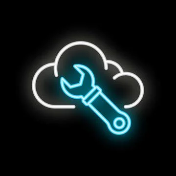 Neon wrench fixing cloud computing system icon Stock Illustration