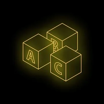 Neon yellow abc cubes glowing on black background Stock Illustration