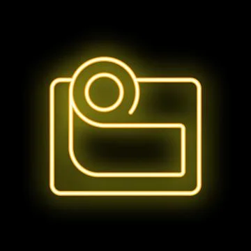 Neon yellow action camera glowing on black background Stock Illustration