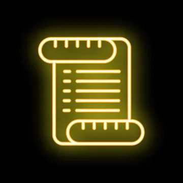 Neon yellow ancient scroll document icon glowing on black background Stock Illustration