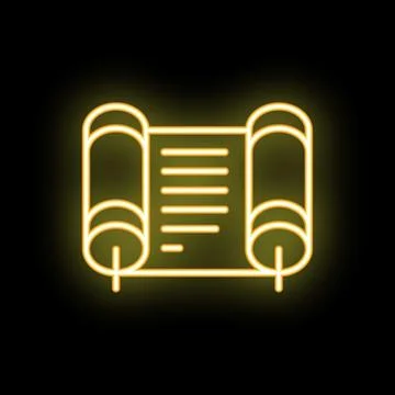 Neon yellow ancient scroll icon glowing on black background Illustrazione stock
