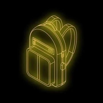 Neon yellow backpack shining on black background, education and travel concep Stock Illustration