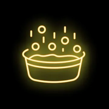 Neon yellow binary code dropping into a bowl icon on black background Stock Illustration