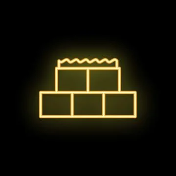 Neon yellow brick wall icon glowing on black background Stock Illustration
