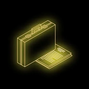 Neon yellow briefcase isometric view over documents on black background Stock Illustration