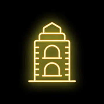 Neon yellow building with arch windows shining on black background Ilustración de archivo