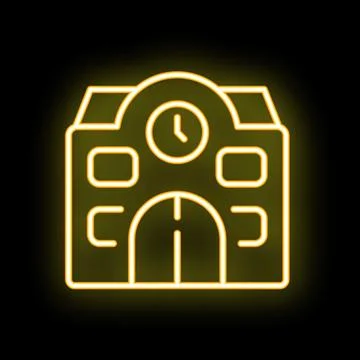 Neon yellow building clock facade icon glowing on black background 스톡 일러스트